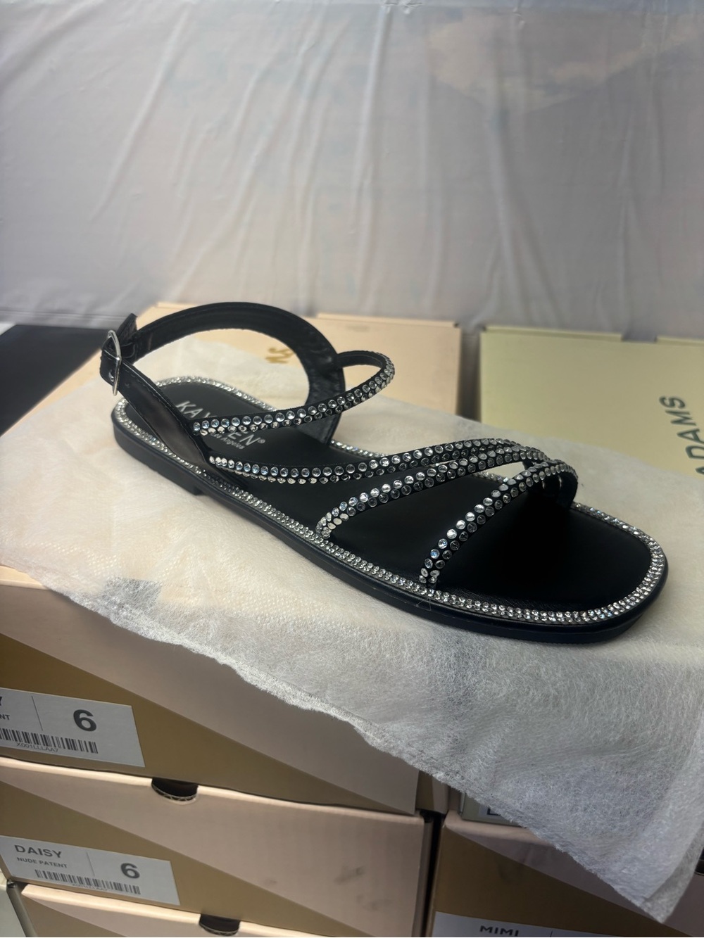 KAYLEEN By Los Angeles Black Rhinestone Strap Flat Sandals